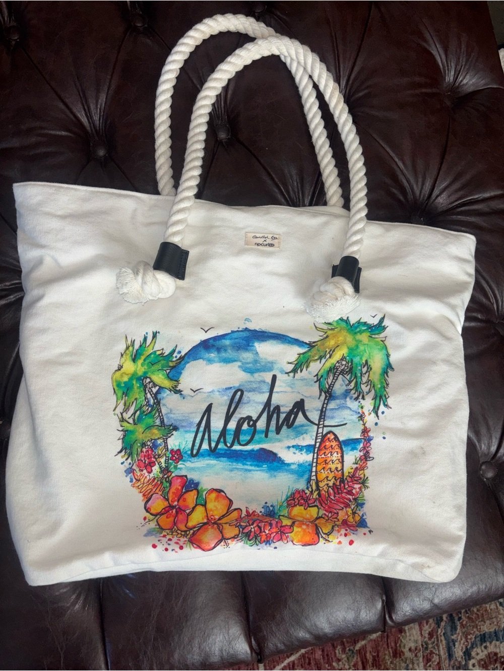 RipCurl Aloha Beach Tote Bag - White Canvas with Tropical Print